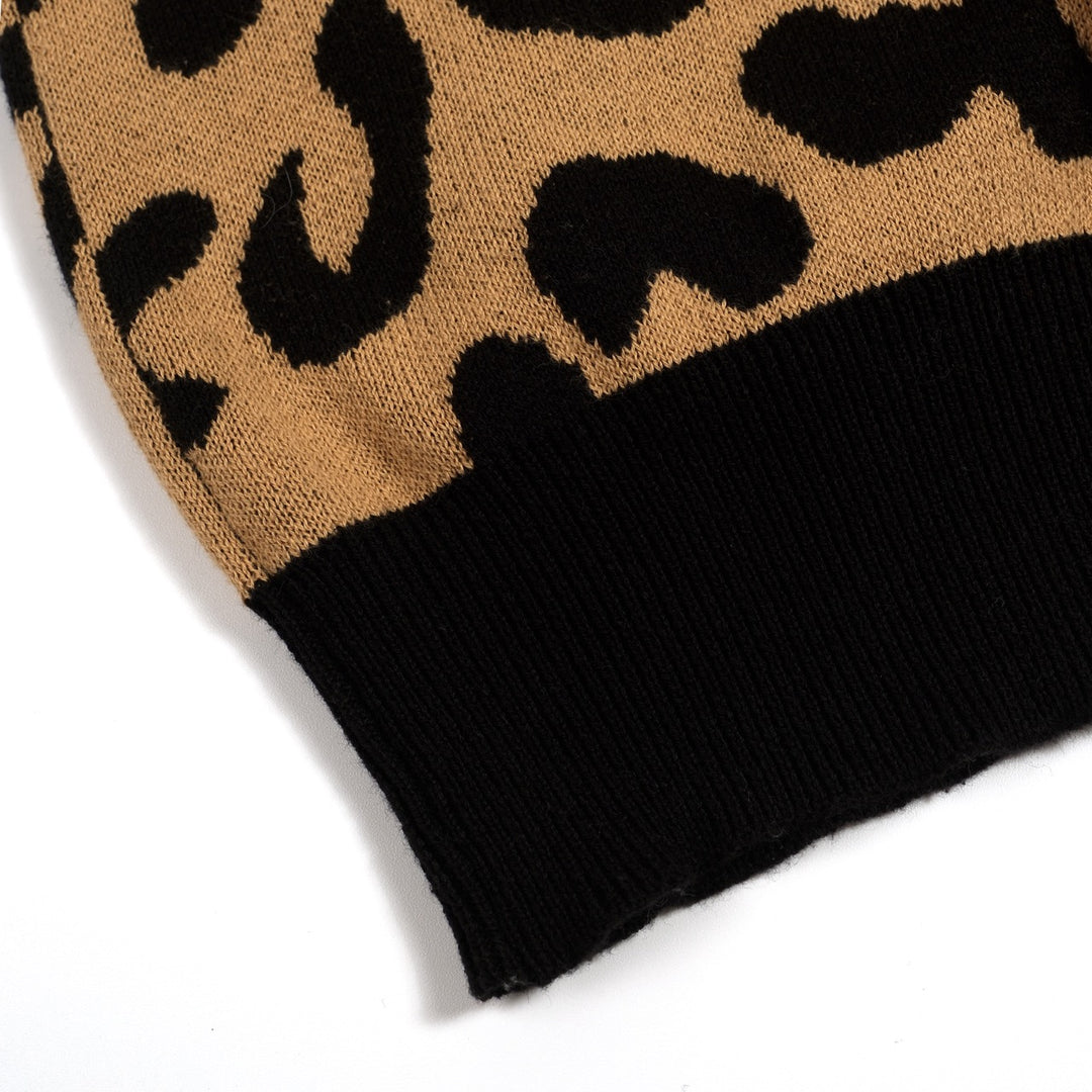 Maglietta Cardigan da Donna in Maglia Khaki Retrò con Nodo Frontale e Stampa Leopardo