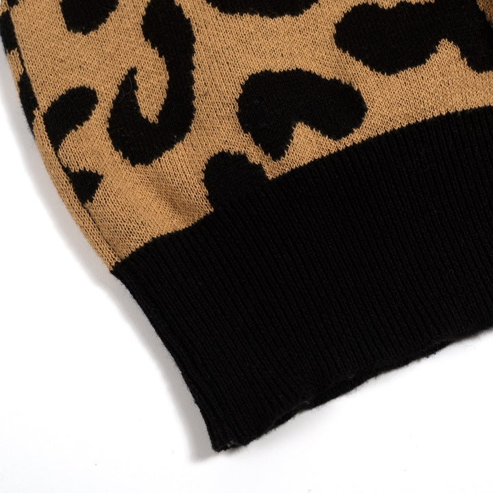 Maglietta Cardigan da Donna in Maglia Khaki Retrò con Nodo Frontale e Stampa Leopardo
