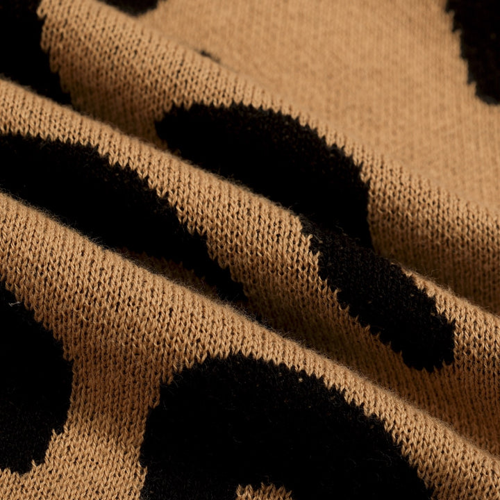 Maglietta Cardigan da Donna in Maglia Khaki Retrò con Nodo Frontale e Stampa Leopardo
