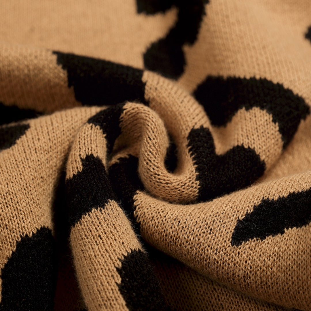 Maglietta Cardigan da Donna in Maglia Khaki Retrò con Nodo Frontale e Stampa Leopardo