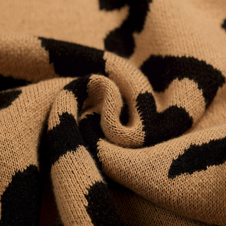 Maglietta Cardigan da Donna in Maglia Khaki Retrò con Nodo Frontale e Stampa Leopardo
