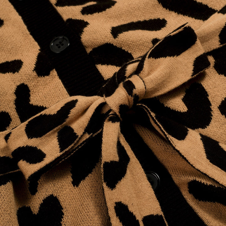 Maglietta Cardigan da Donna in Maglia Khaki Retrò con Nodo Frontale e Stampa Leopardo