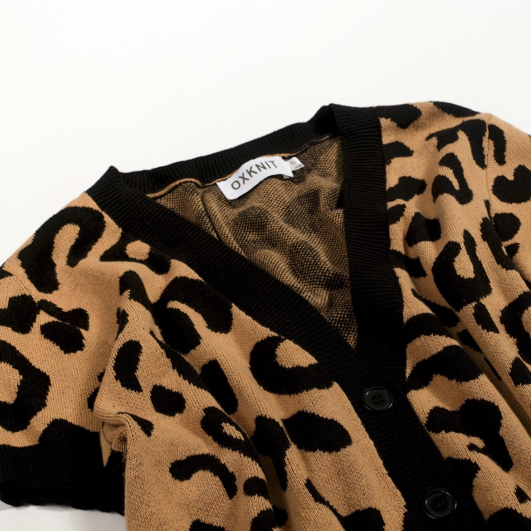 Maglietta Cardigan da Donna in Maglia Khaki Retrò con Nodo Frontale e Stampa Leopardo