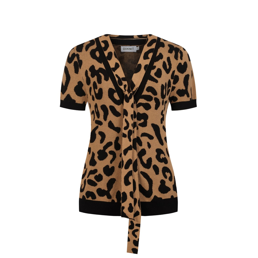 Maglietta Cardigan da Donna in Maglia Khaki Retrò con Nodo Frontale e Stampa Leopardo
