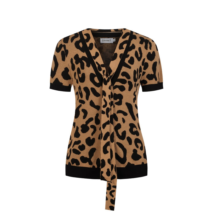 Maglietta Cardigan da Donna in Maglia Khaki Retrò con Nodo Frontale e Stampa Leopardo