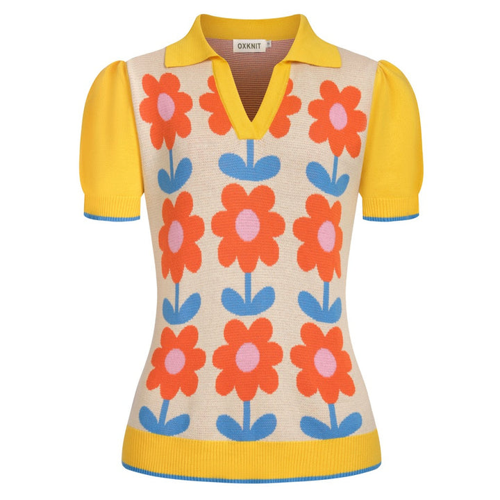 Maglietta da donna in maglia jacquard floreale retrò color crema giallo con colletto polo