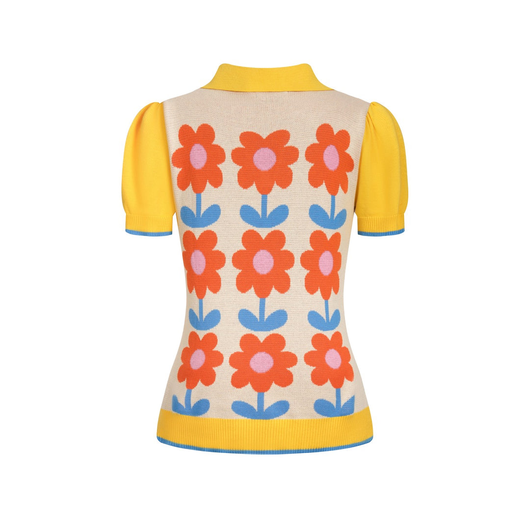 Maglietta da donna in maglia jacquard floreale retrò color crema giallo con colletto polo