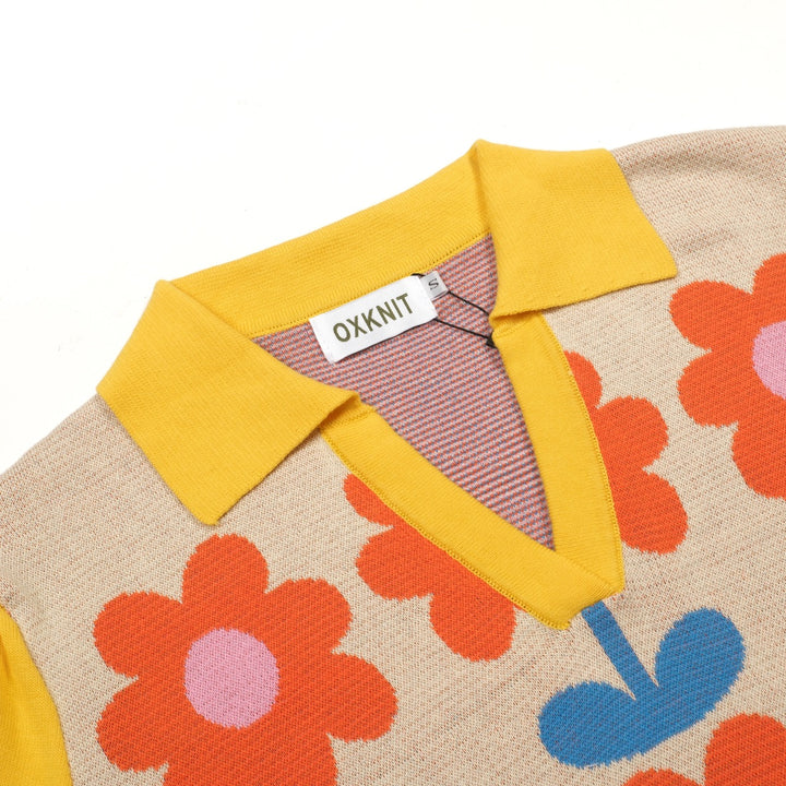 Maglietta da donna in maglia jacquard floreale retrò color crema giallo con colletto polo