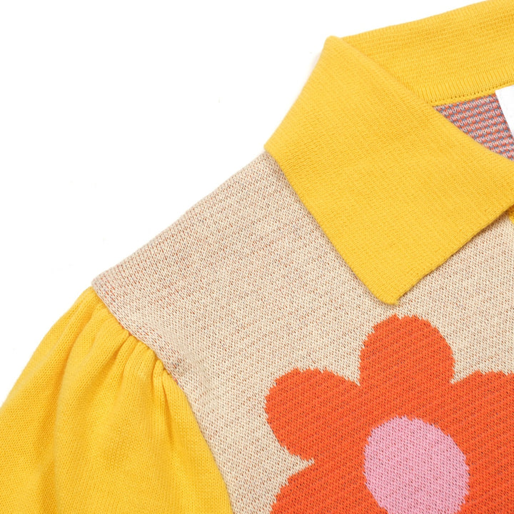 Maglietta da donna in maglia jacquard floreale retrò color crema giallo con colletto polo