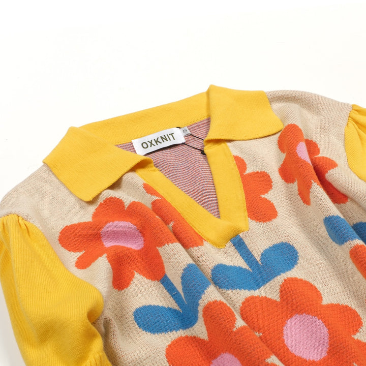 Maglietta da donna in maglia jacquard floreale retrò color crema giallo con colletto polo