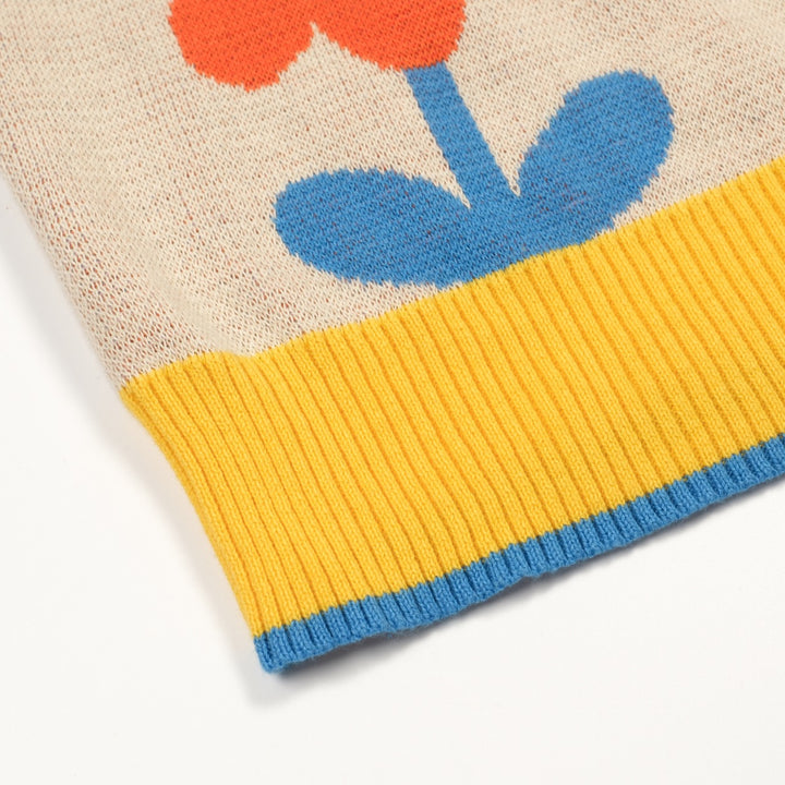 Maglietta da donna in maglia jacquard floreale retrò color crema giallo con colletto polo