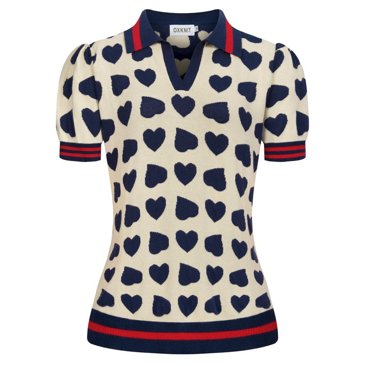 Women's Off-White Retro Playful Heart Jacquard Polo Collar Knit T-Shirt