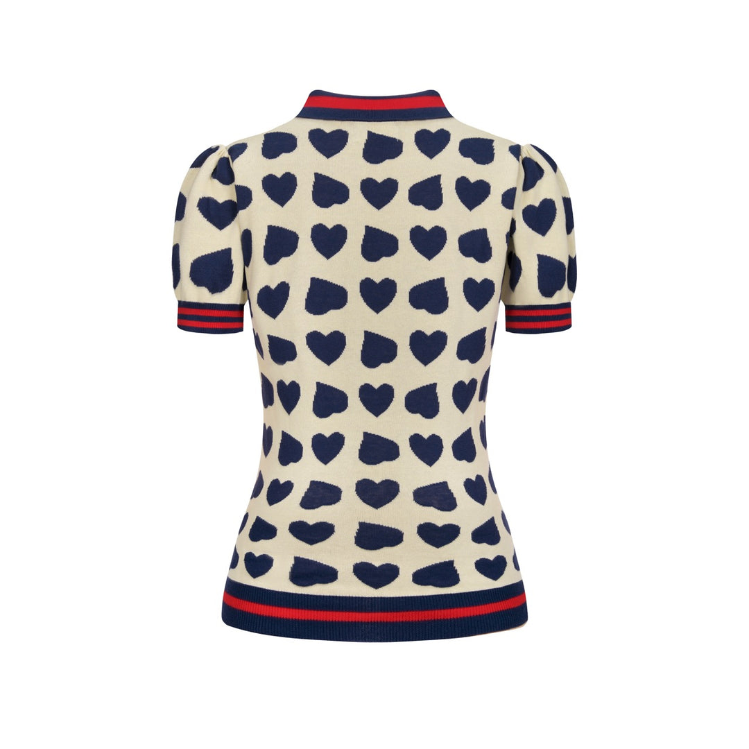 Women's Off-White Retro Playful Heart Jacquard Polo Collar Knit T-Shirt