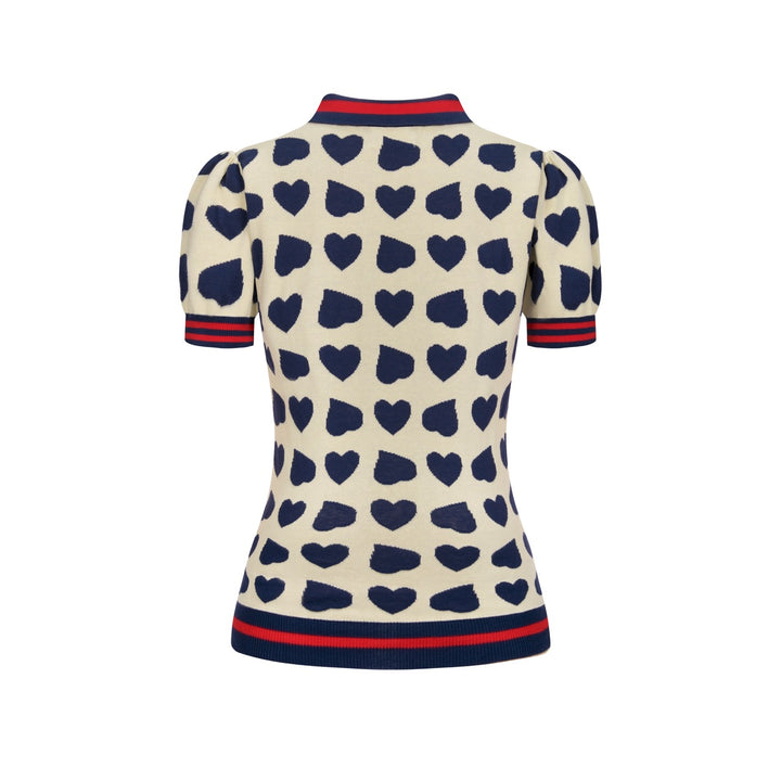 Women's Off-White Retro Playful Heart Jacquard Polo Collar Knit T-Shirt
