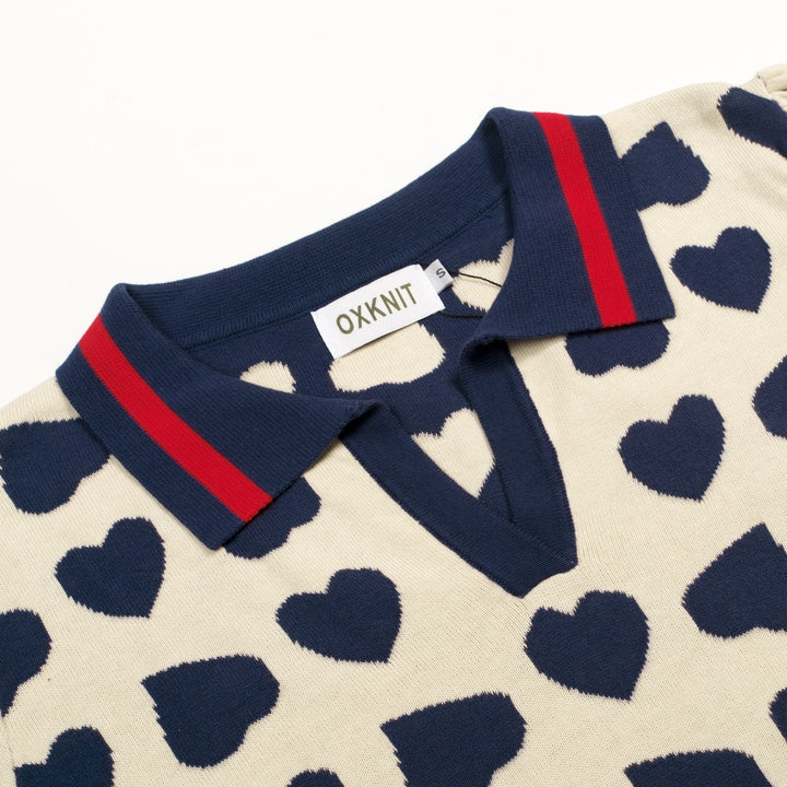 Women's Off-White Retro Playful Heart Jacquard Polo Collar Knit T-Shirt