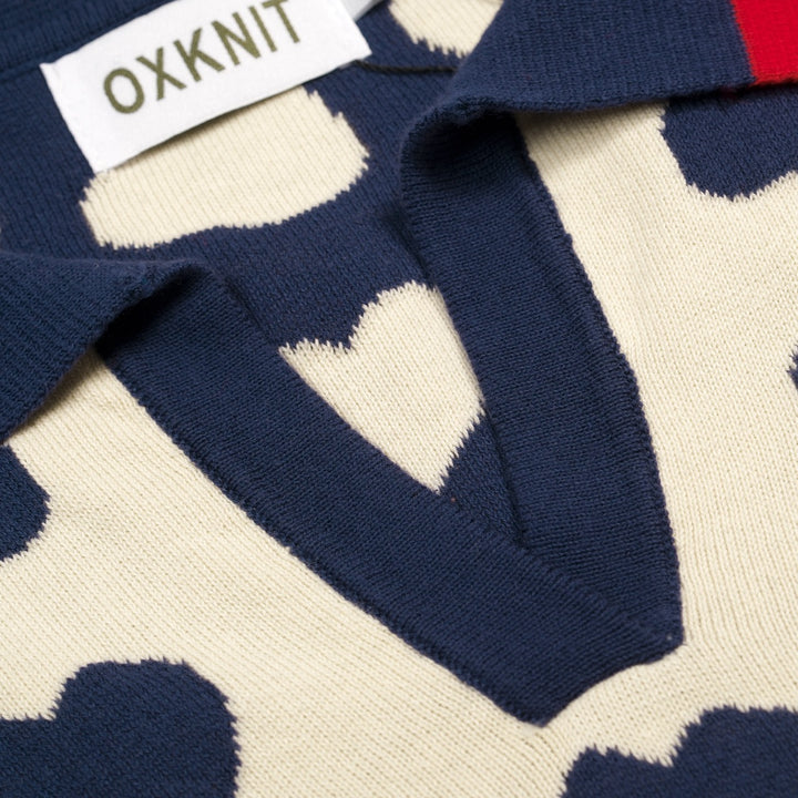 Women's Off-White Retro Playful Heart Jacquard Polo Collar Knit T-Shirt