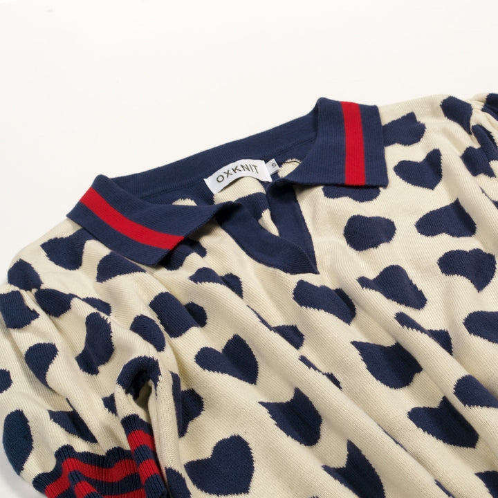 Women's Off-White Retro Playful Heart Jacquard Polo Collar Knit T-Shirt