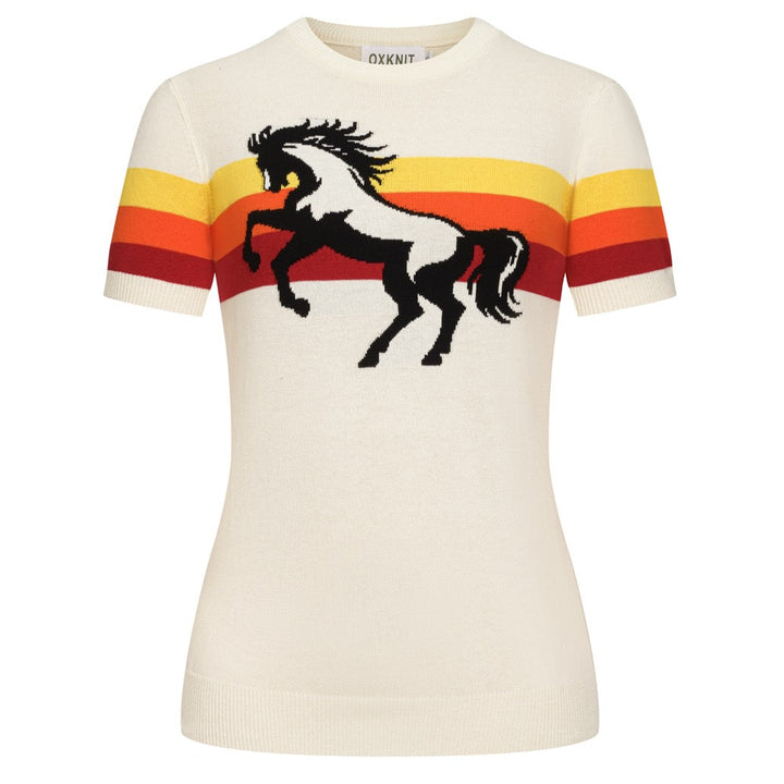 Damernas off-white retro västernstil rundhalsad stickad t-shirt