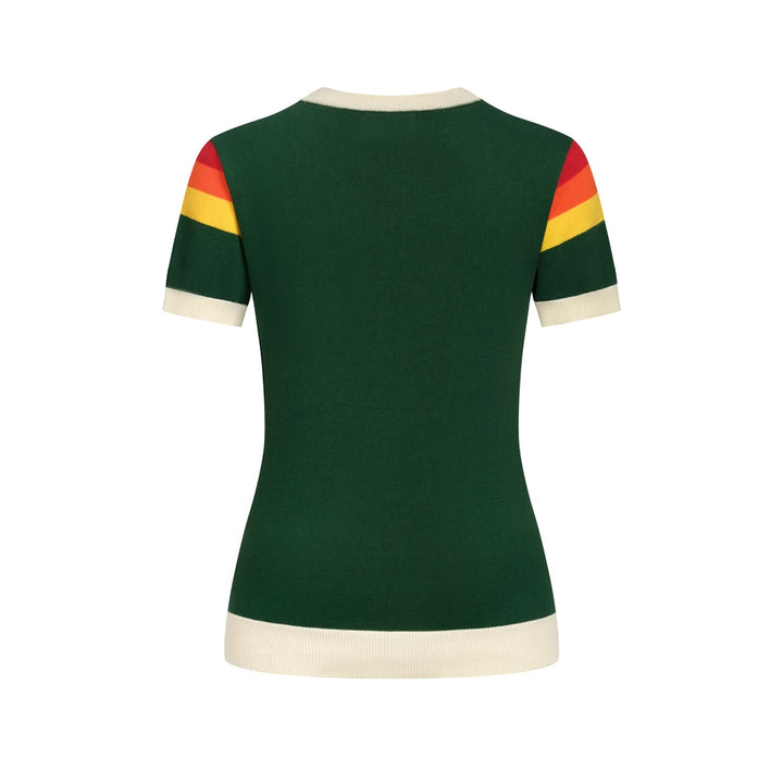 Dames Groene Retro Vogel Jacquard Crewneck Gebreid T-Shirt