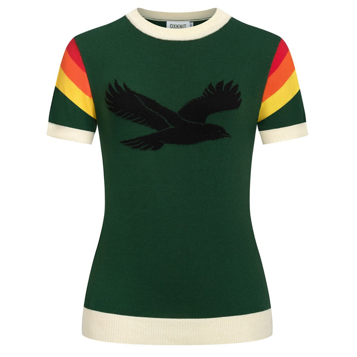 Dames Groene Retro Vogel Jacquard Crewneck Gebreid T-Shirt
