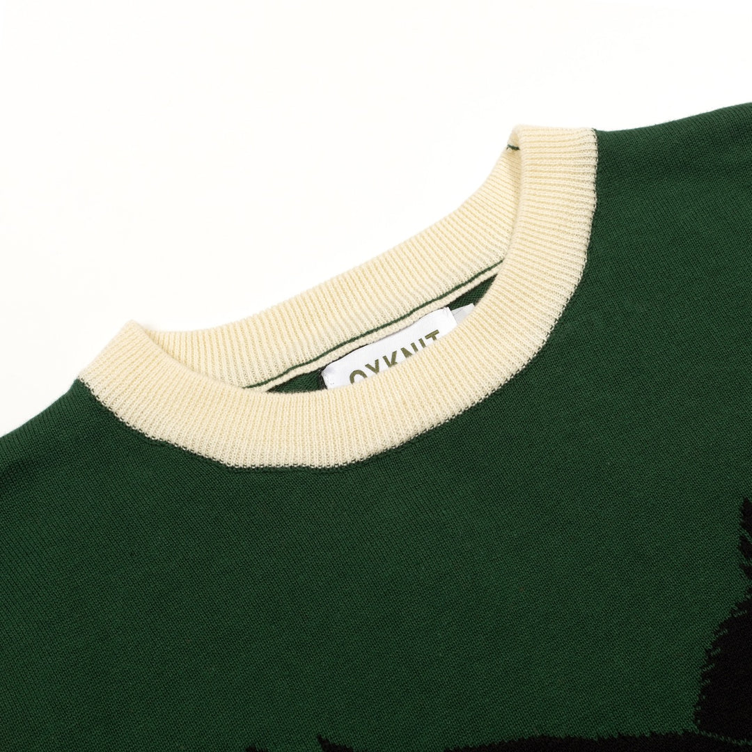 Dames Groene Retro Vogel Jacquard Crewneck Gebreid T-Shirt