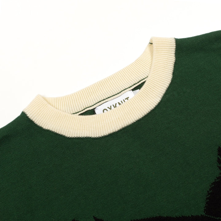 Dames Groene Retro Vogel Jacquard Crewneck Gebreid T-Shirt
