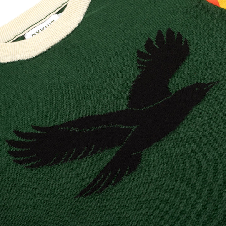 Dames Groene Retro Vogel Jacquard Crewneck Gebreid T-Shirt
