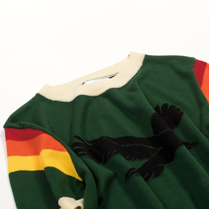 Dames Groene Retro Vogel Jacquard Crewneck Gebreid T-Shirt