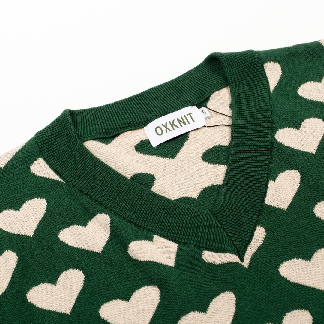 T-shirt en maille jacquard vert rétro pour femme à col en V avec motif chat noir et cœur