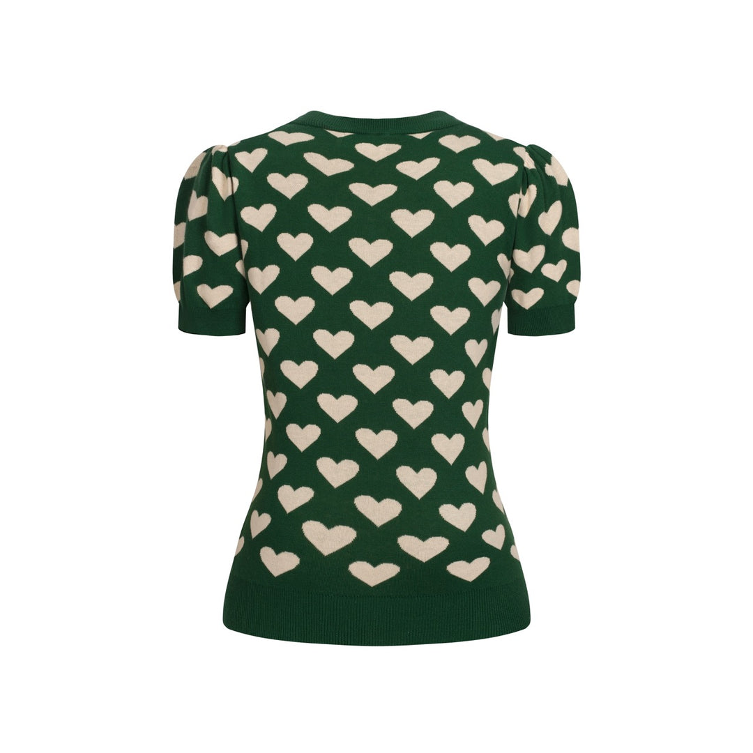 T-shirt en maille jacquard vert rétro pour femme à col en V avec motif chat noir et cœur