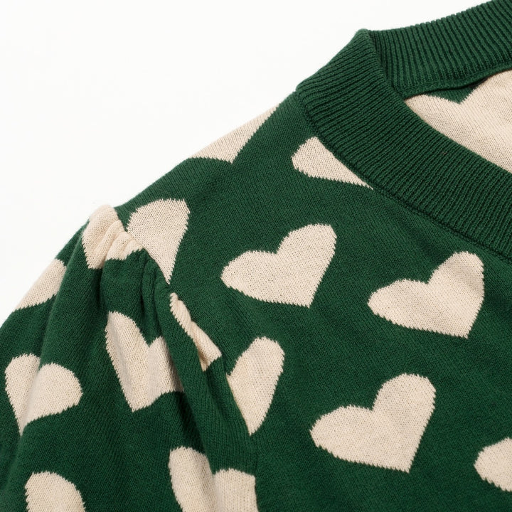 T-shirt en maille jacquard vert rétro pour femme à col en V avec motif chat noir et cœur