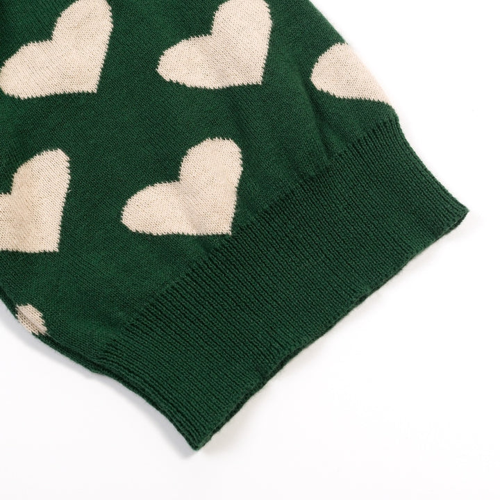 T-shirt en maille jacquard vert rétro pour femme à col en V avec motif chat noir et cœur