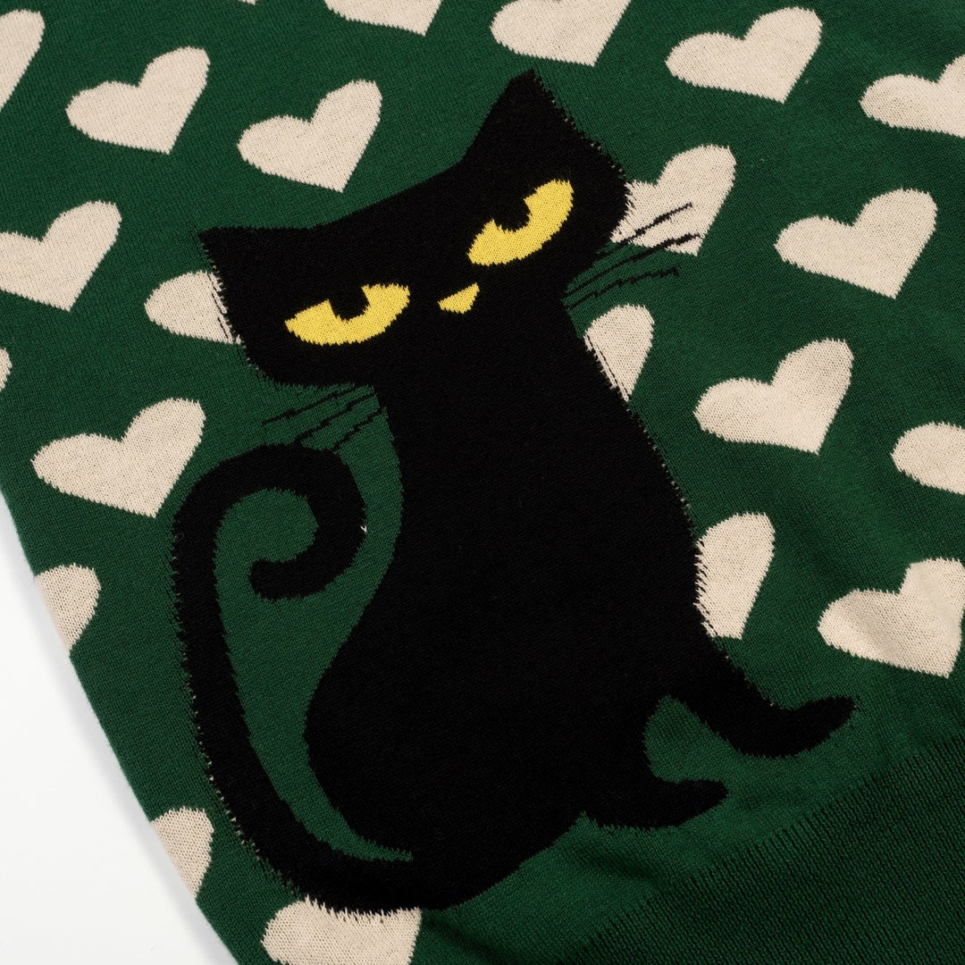 T-shirt en maille jacquard vert rétro pour femme à col en V avec motif chat noir et cœur