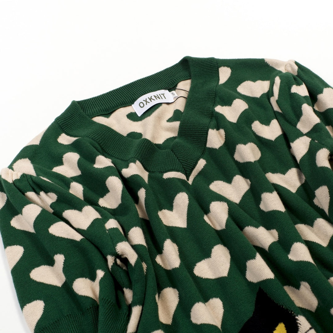 T-shirt en maille jacquard vert rétro pour femme à col en V avec motif chat noir et cœur