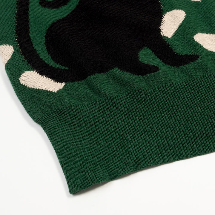 T-shirt en maille jacquard vert rétro pour femme à col en V avec motif chat noir et cœur