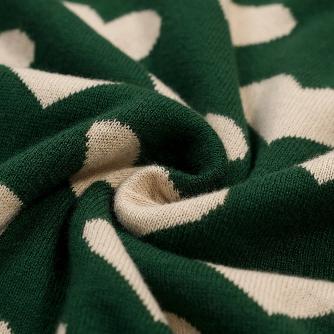T-shirt en maille jacquard vert rétro pour femme à col en V avec motif chat noir et cœur