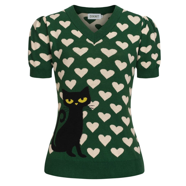 T-shirt en maille jacquard vert rétro pour femme à col en V avec motif chat noir et cœur