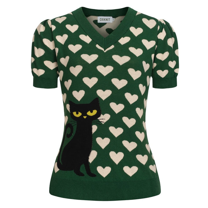 Maglietta Verde Retrò da Donna con Gatto Nero, Cuore, Scollo a V, Lavorata a Maglia Jacquard