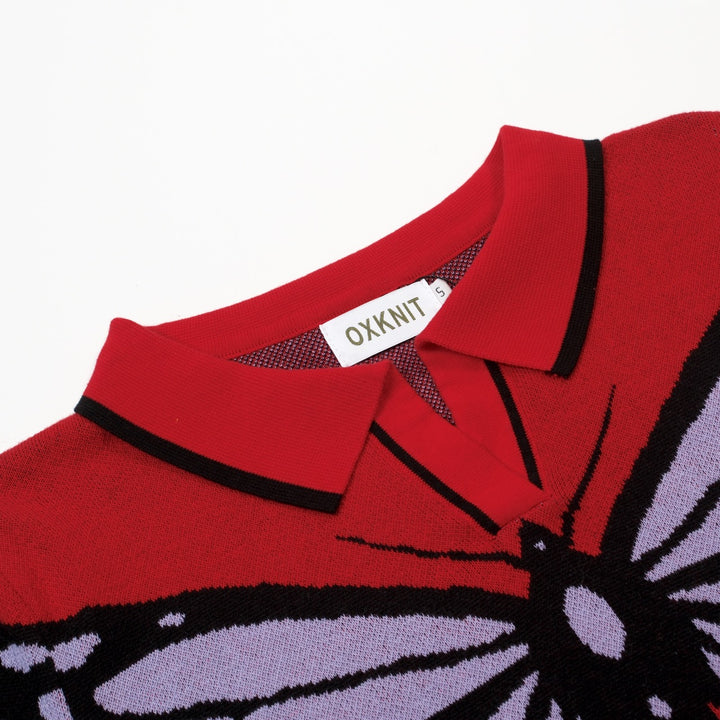 Dames Rode Retro Vlinder Pop Art Polo Kraag Jacquard Gebreid T-Shirt