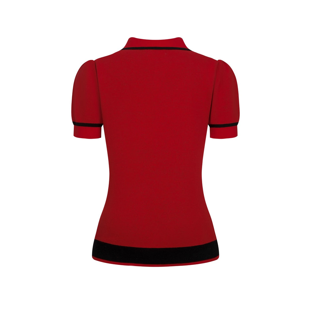 Dames Rode Retro Vlinder Pop Art Polo Kraag Jacquard Gebreid T-Shirt