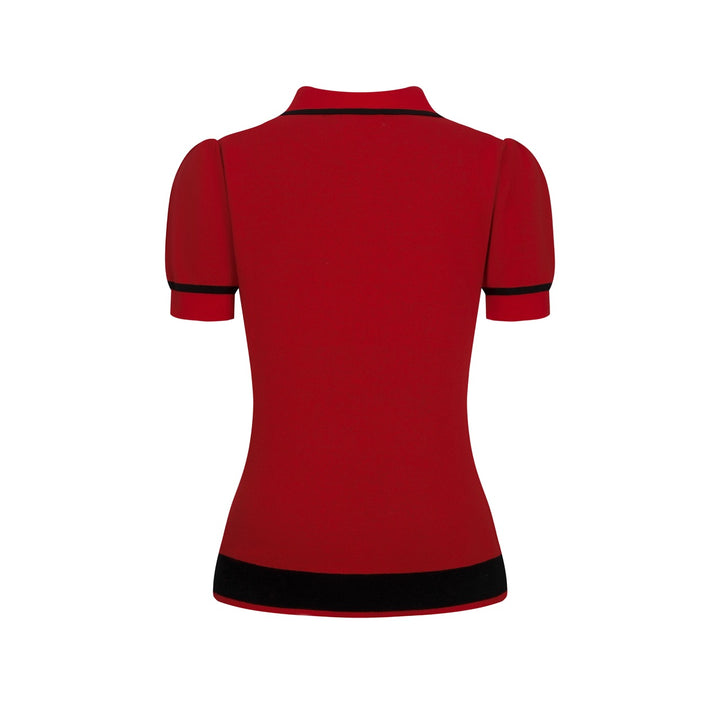 Dames Rode Retro Vlinder Pop Art Polo Kraag Jacquard Gebreid T-Shirt
