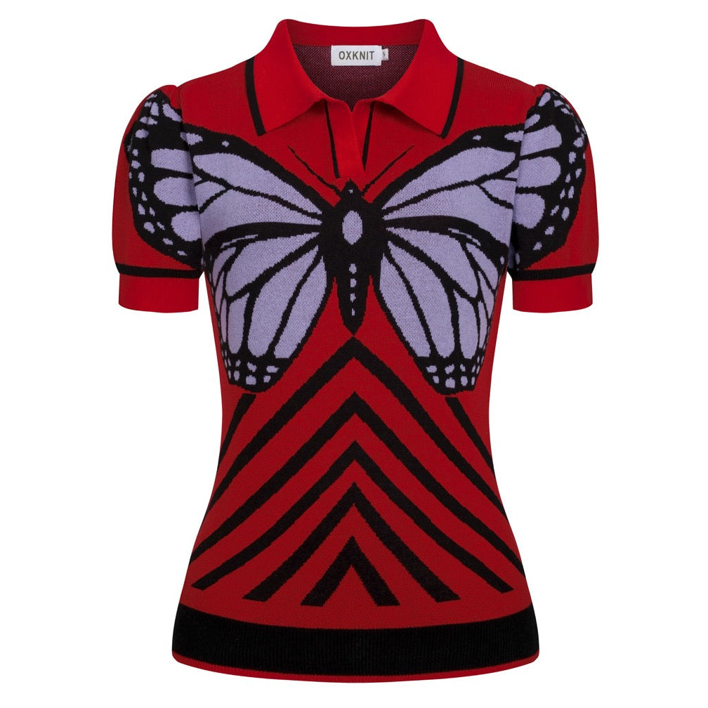 Dames Rode Retro Vlinder Pop Art Polo Kraag Jacquard Gebreid T-Shirt