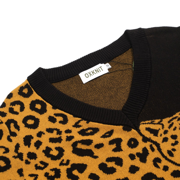 Damen Schwarzes Retro-Leoparden Jacquard V-Ausschnitt Strick-T-Shirt