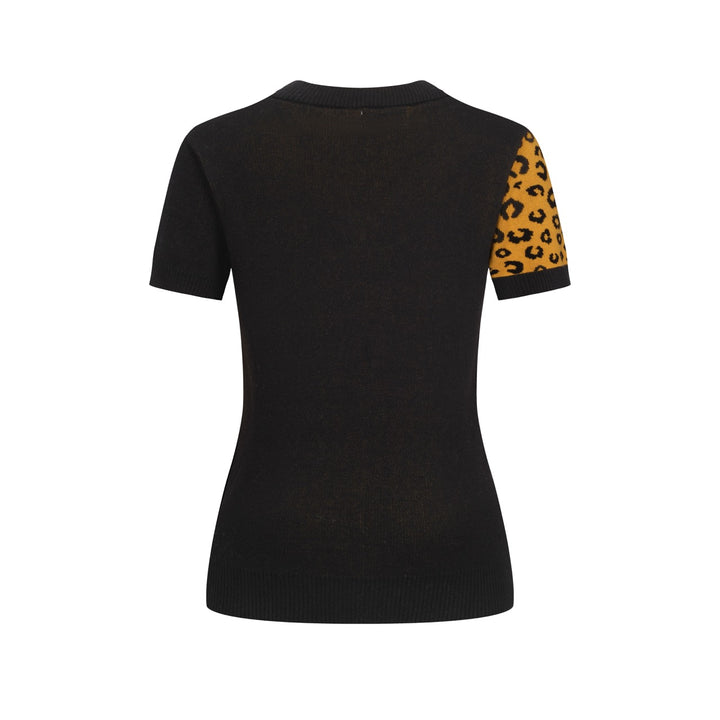 Damen Schwarzes Retro-Leoparden Jacquard V-Ausschnitt Strick-T-Shirt
