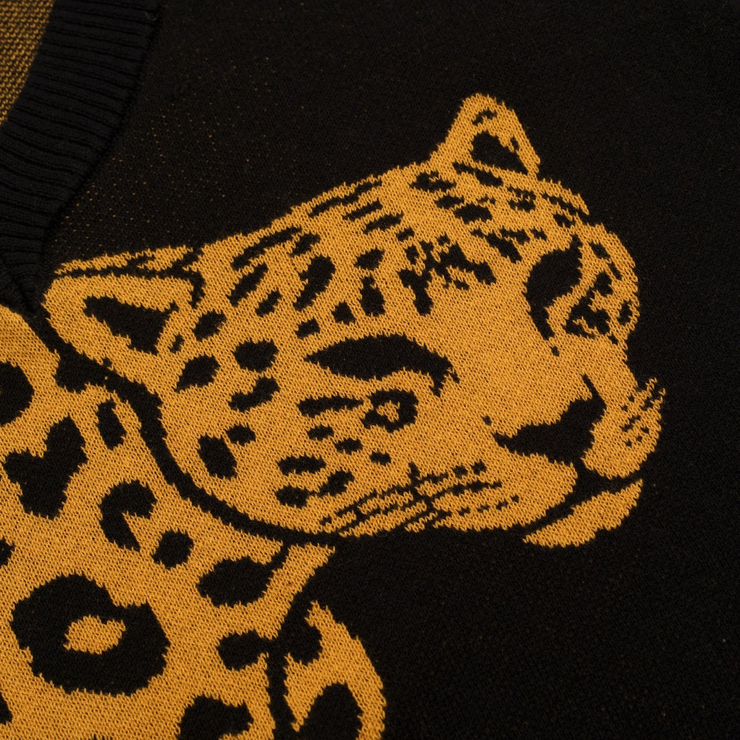 Damen Schwarzes Retro-Leoparden Jacquard V-Ausschnitt Strick-T-Shirt