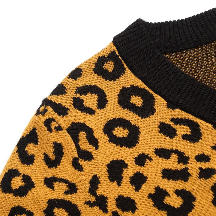 Damen Schwarzes Retro-Leoparden Jacquard V-Ausschnitt Strick-T-Shirt