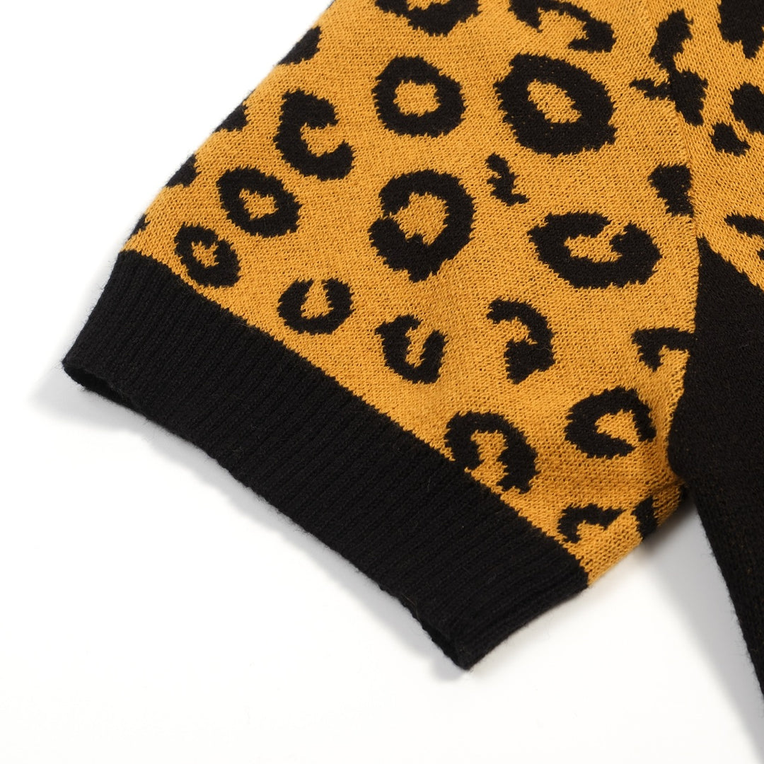 Damen Schwarzes Retro-Leoparden Jacquard V-Ausschnitt Strick-T-Shirt