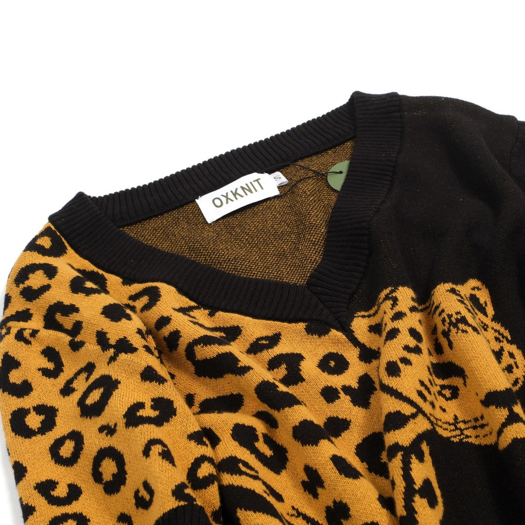 Damen Schwarzes Retro-Leoparden Jacquard V-Ausschnitt Strick-T-Shirt