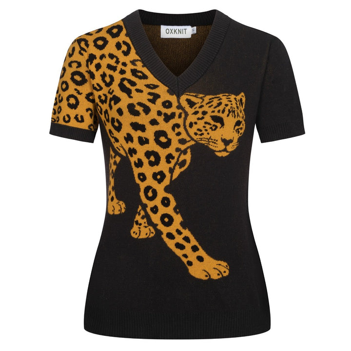 Damen Schwarzes Retro-Leoparden Jacquard V-Ausschnitt Strick-T-Shirt