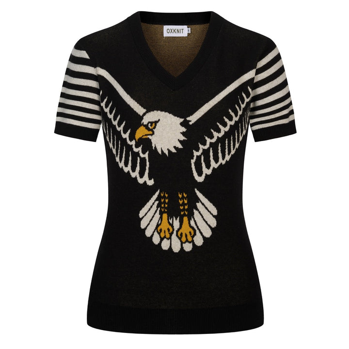 Dame Sort Retro Ørn Jacquard V-hals Strik T-shirt